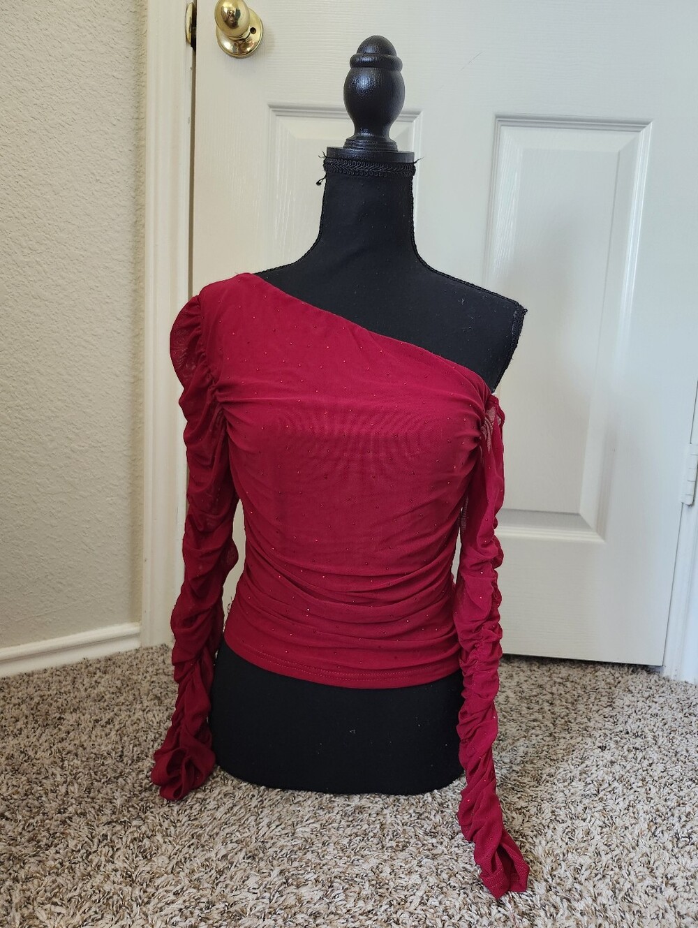 Lulus One-Shoulder Ruched Red Rhinestone Gem Top - Picture 2 of 10
